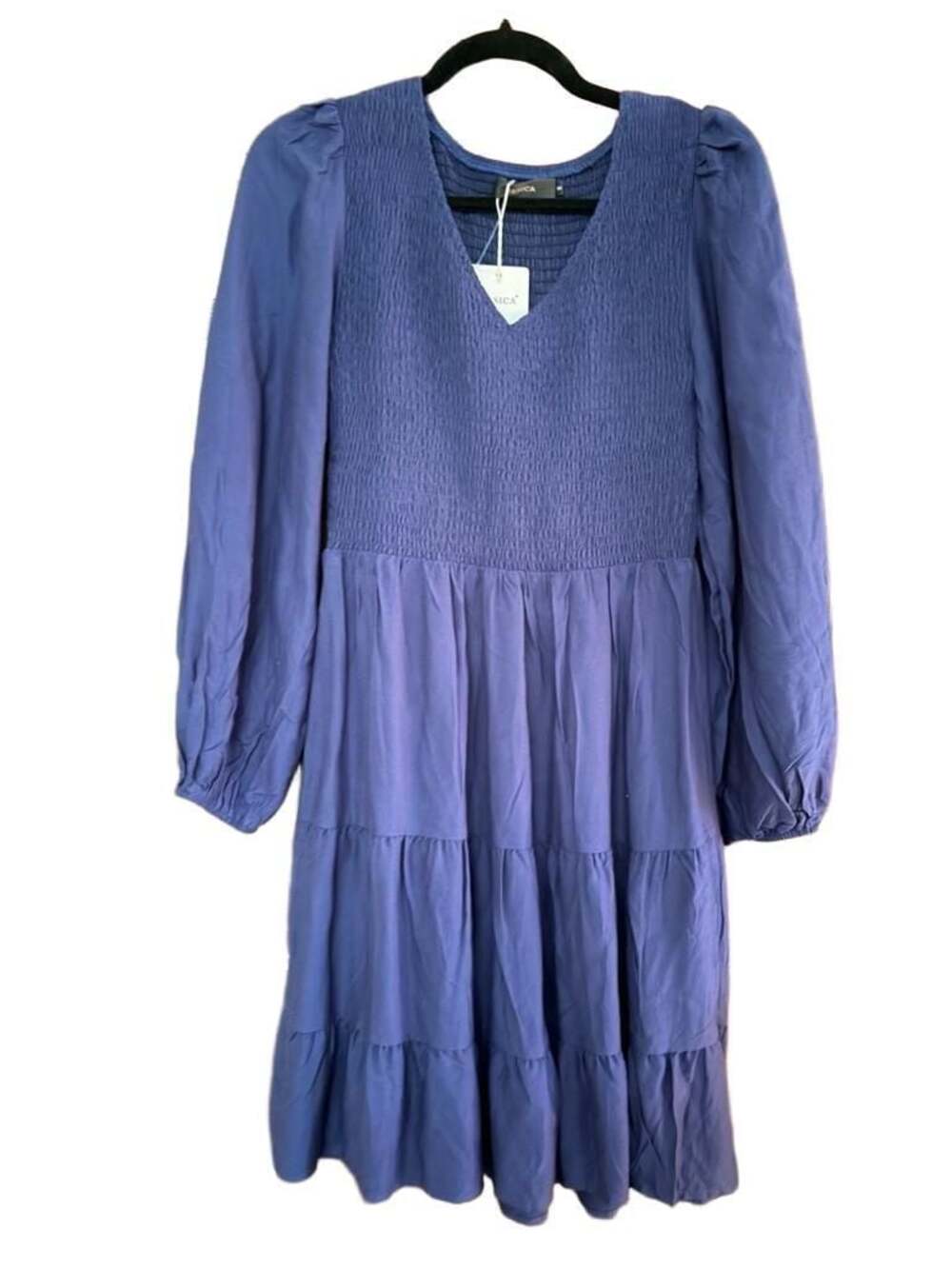 ZESICA Women's Long Sleeve V-Neck Smocked Tiered Casual Midi Dress